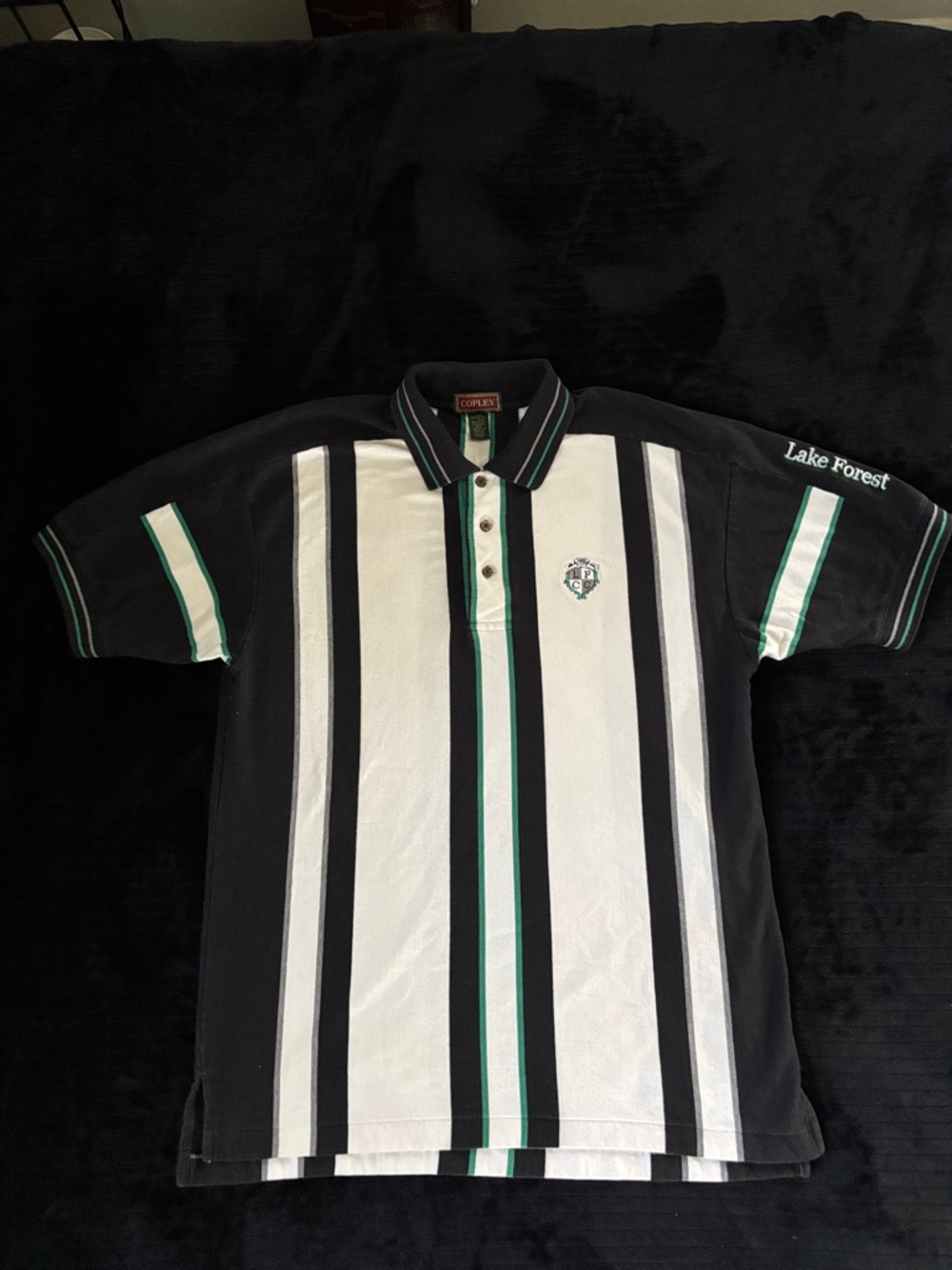 Men's Sz L Black White Green Striped Polo Shirt w Lake Forest Country Club logo